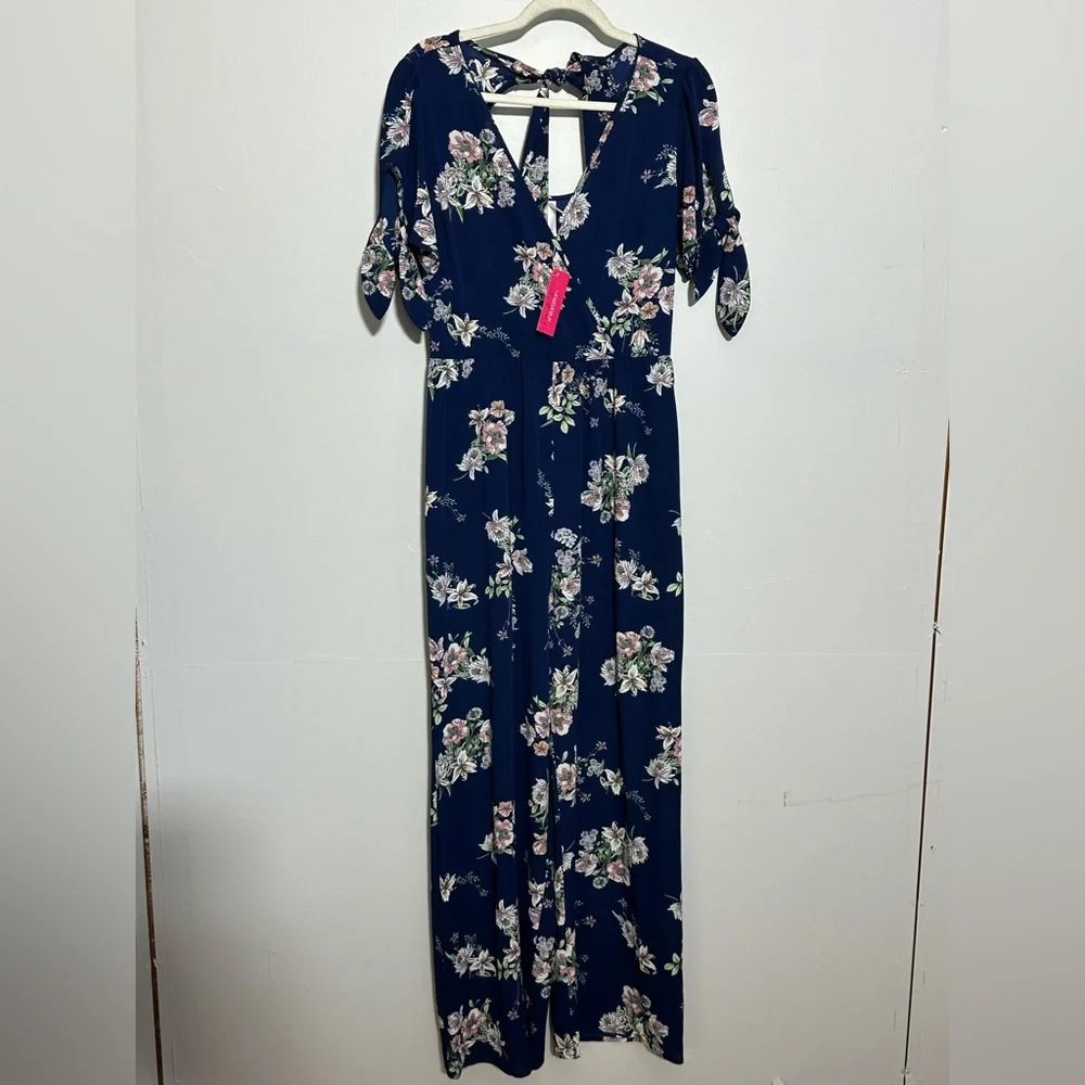 NWT Xhiliration Women’s M Jumpsuit Blue Floral Tie Sleeve Faux Wrap Wide Leg